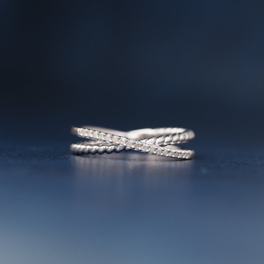 Silver Cross Twisted Diamond Band Ring
