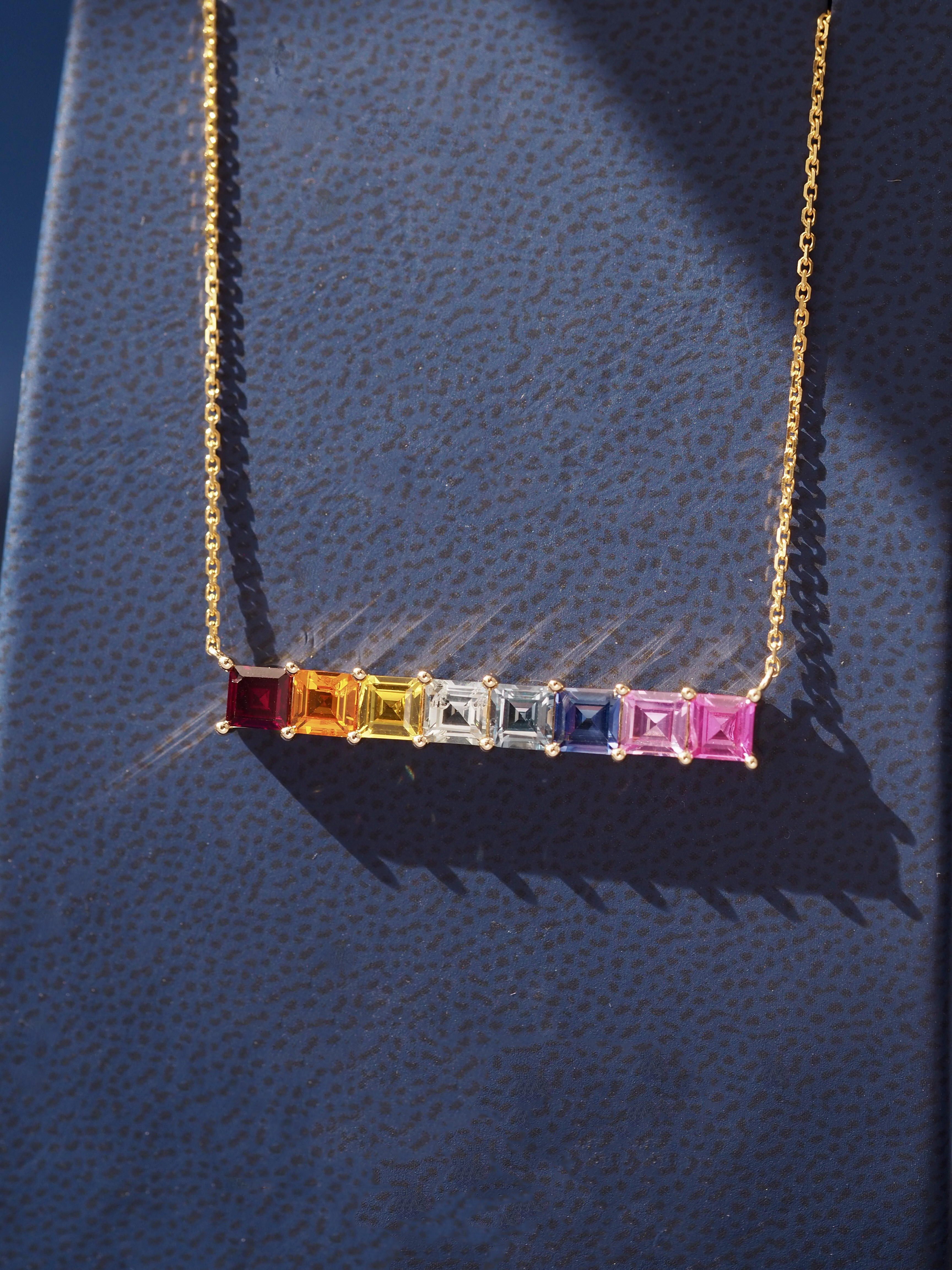14 Karat Yellow Gold Rainbow Sapphires Necklace
