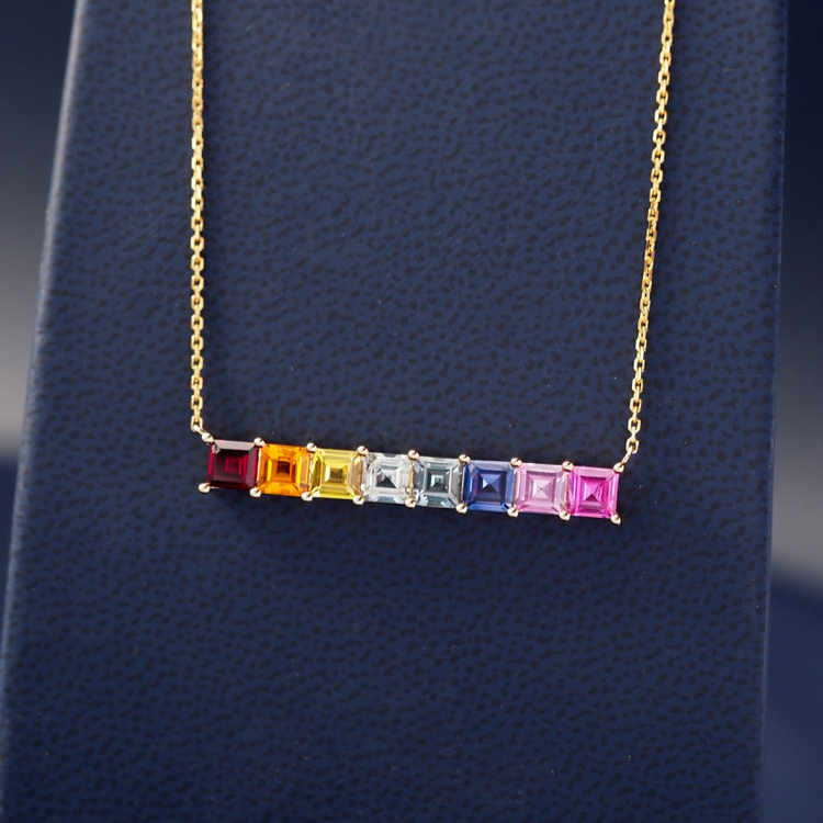 14 Karat Yellow Gold Rainbow Sapphires Necklace