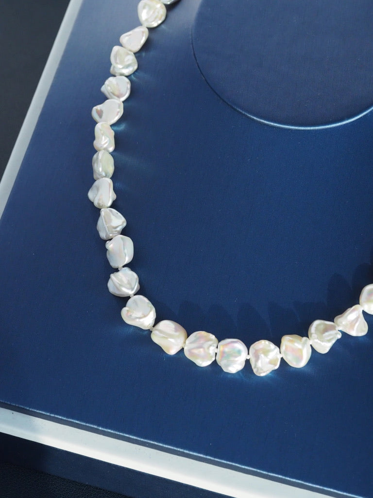 14K Yellow Gold Fresh Water 10-11mm White Keshi Pearls Necklace