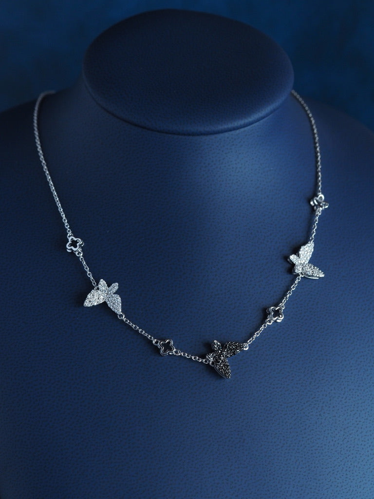 Silver Black & White Diamond Butterfly Necklace