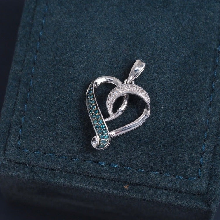 Silver Heart Shape Pendant with Blue Diamonds & Cubic Zirconia
